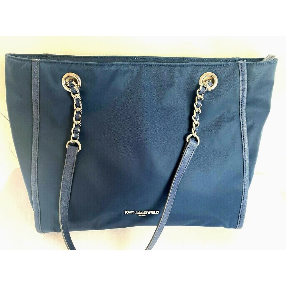 Karl Lagerfeld Paris Large Navy Blue Nylon Tote Chain Handles Shoulder Bag